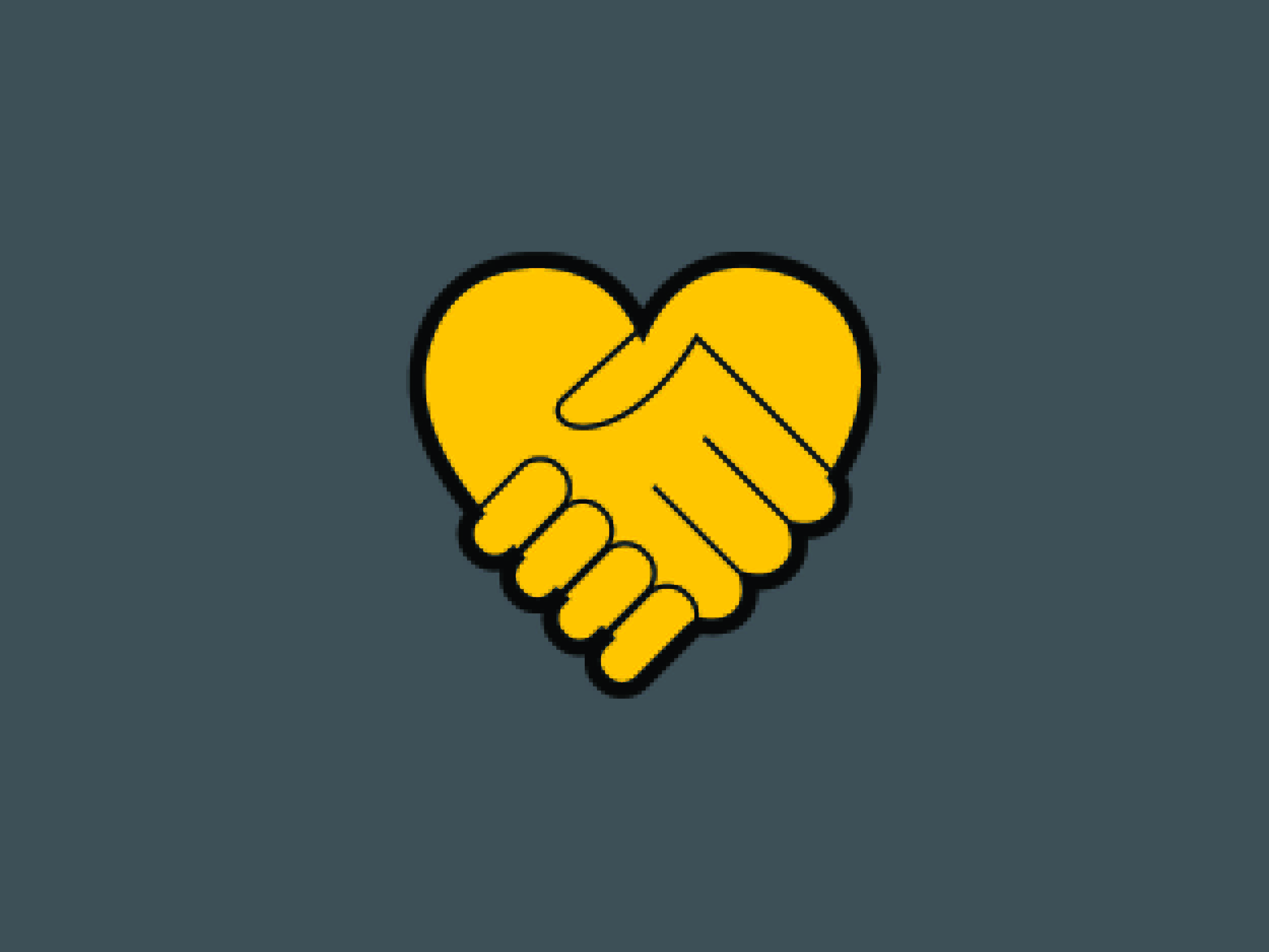 Digital drawing of two yellow hands shaking in the shape of a heart on a dark gray background.