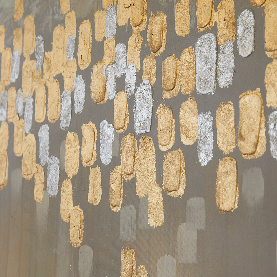 Painting of silver and gold vertical smudges cascading down a matte gray background.