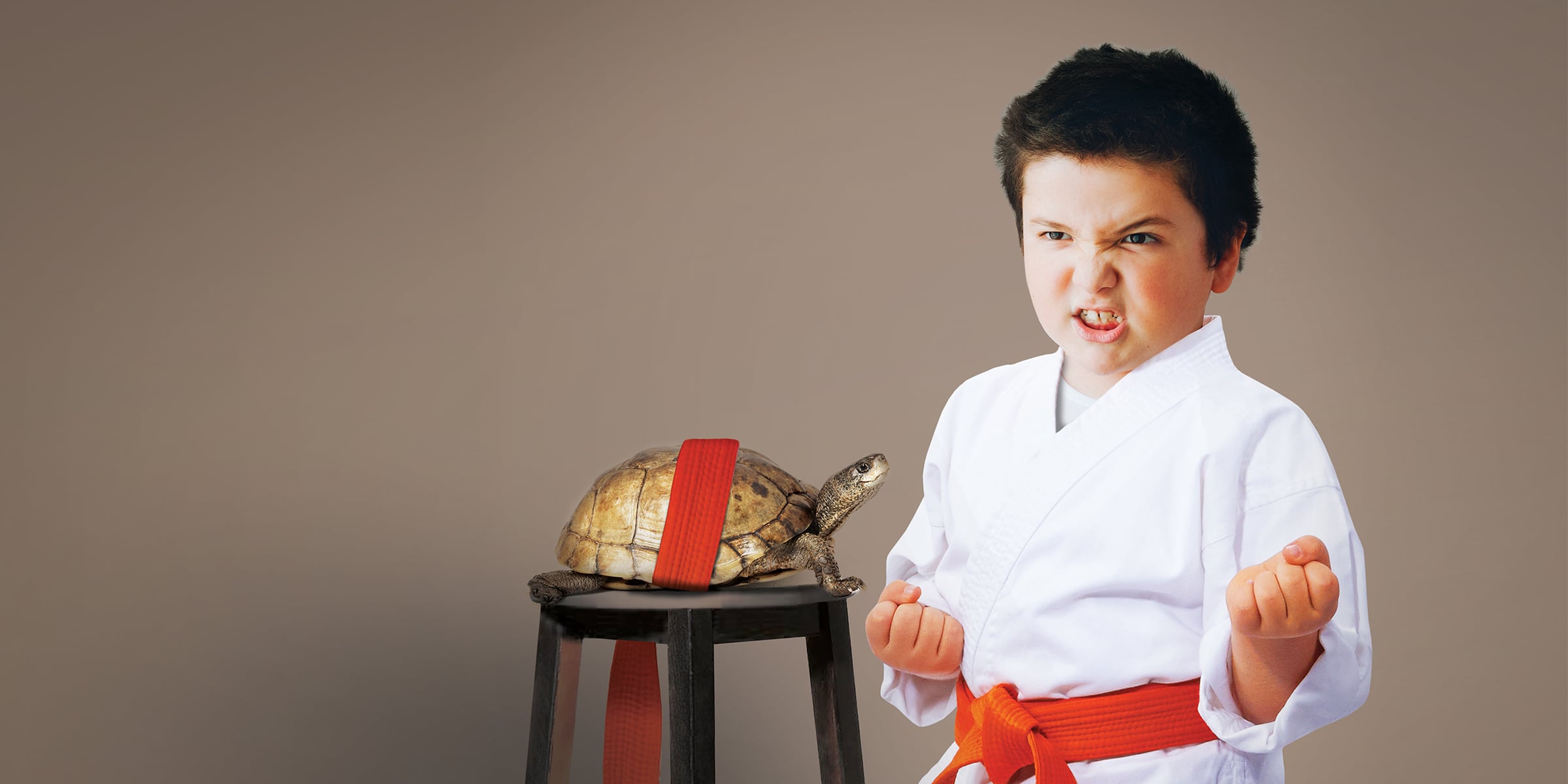Child in a Karate Gi next to a turtle on a stool wearing a matching orange belt.