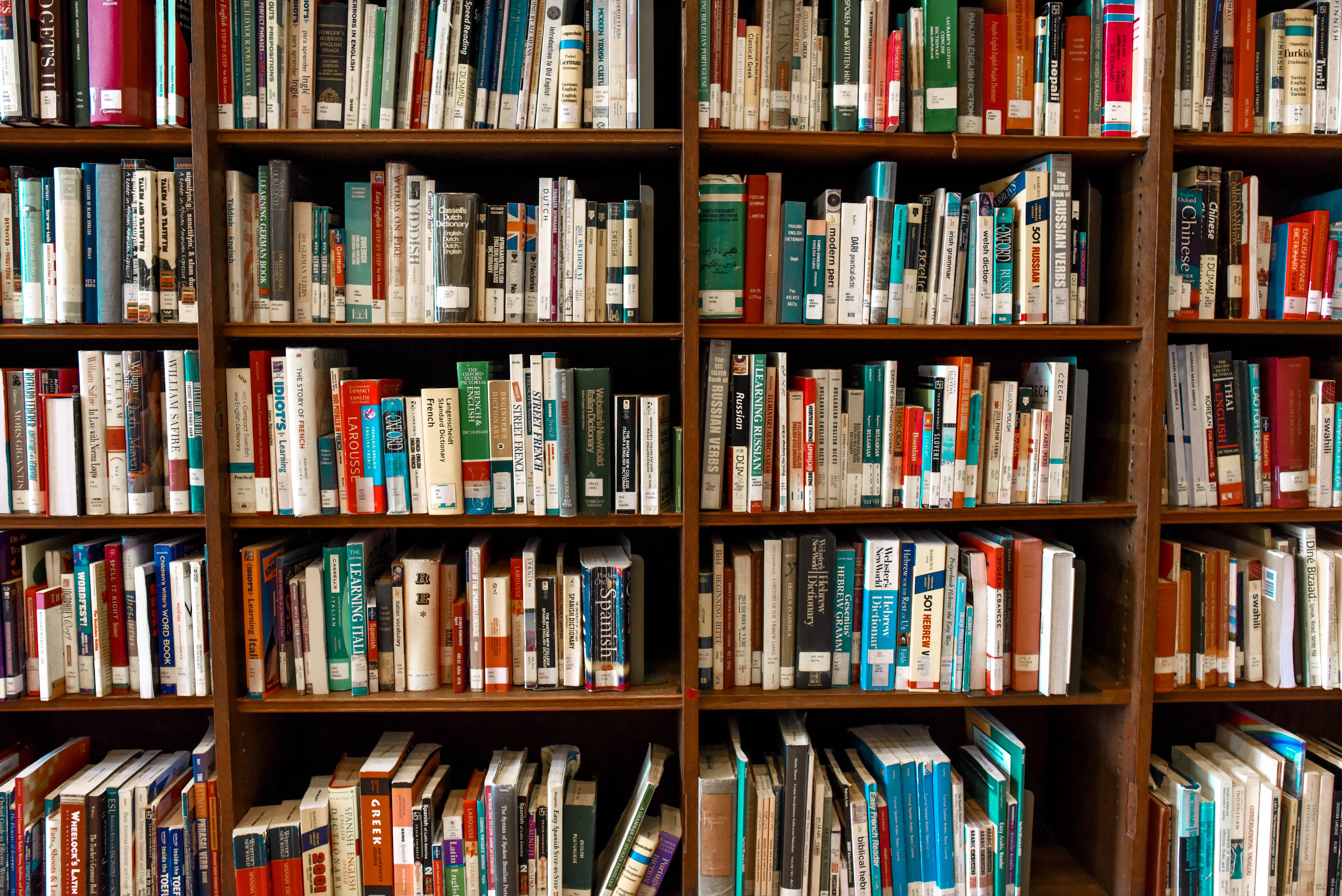 A wall of bookshelves filled with books of varying colors and sizes.