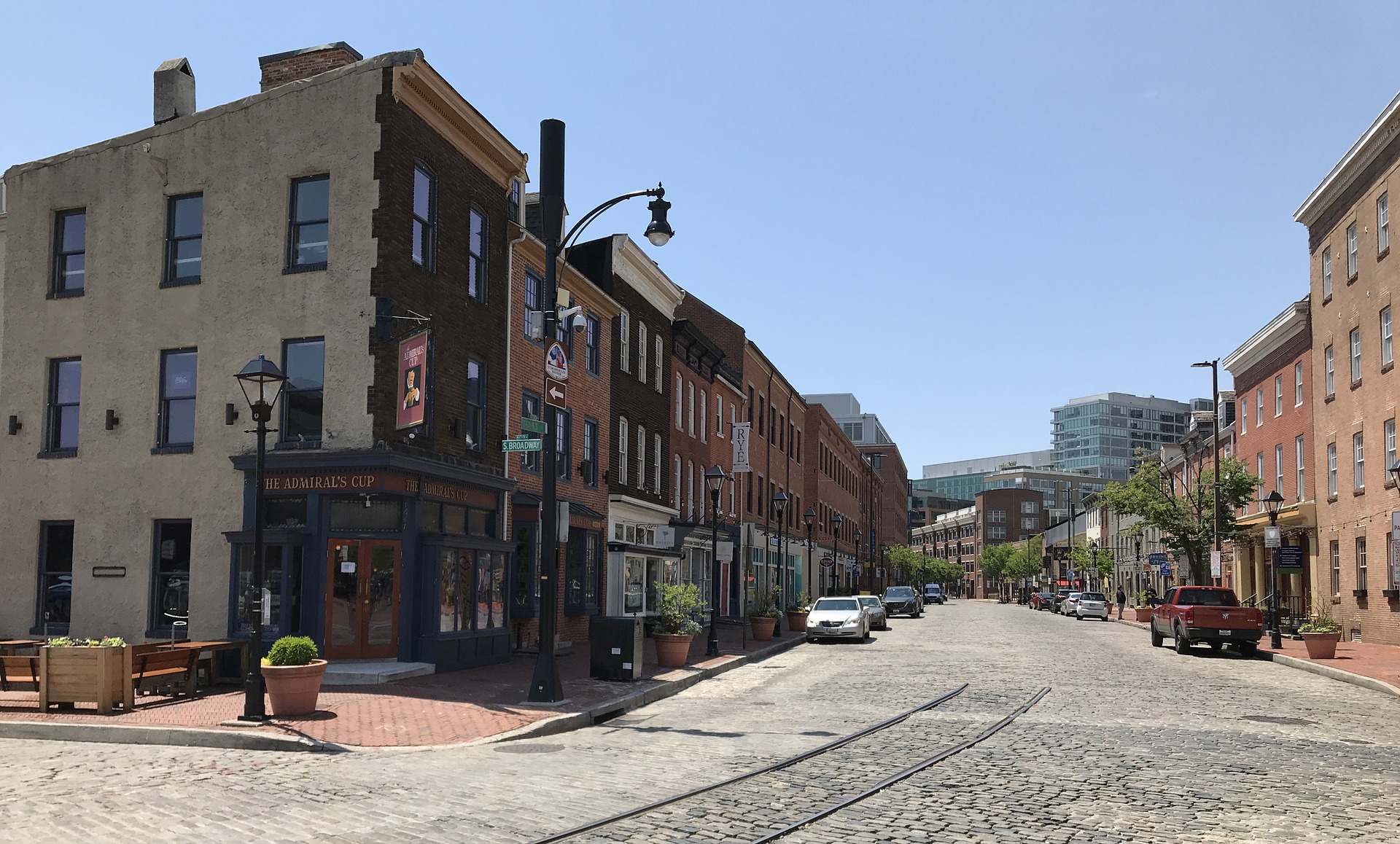 Storefronts along a street in Fells Point, Baltimore.