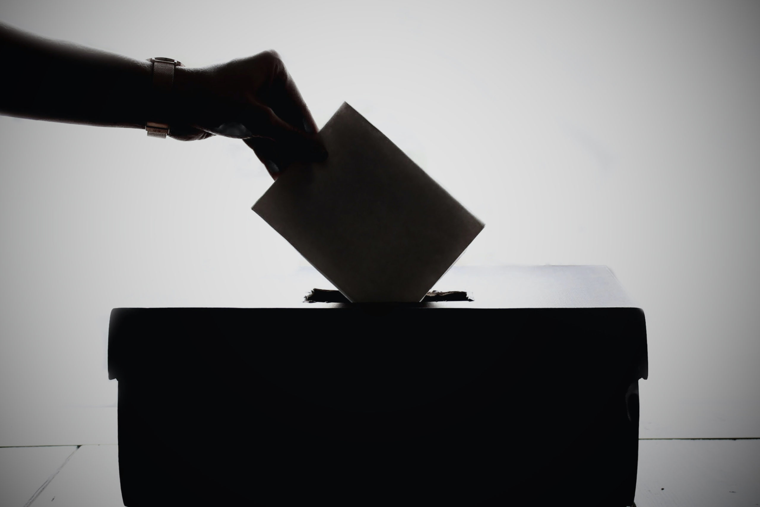 Silhouette of hand putting paper in ballot box.