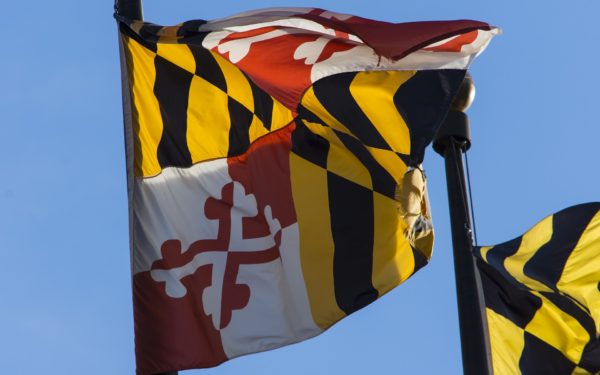 Maryland flag blowing in wind.