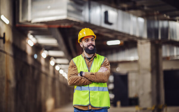 Young proud smiling attractive bearded supervisor standing in building in construction process with arms folded and overseeing his workers.