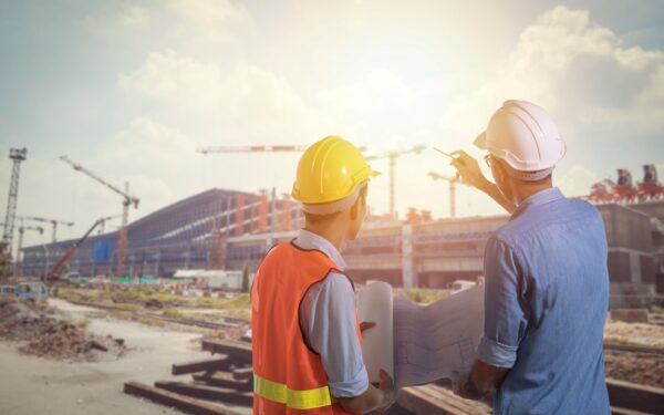 Two men in hard hats looking out onto a construction site