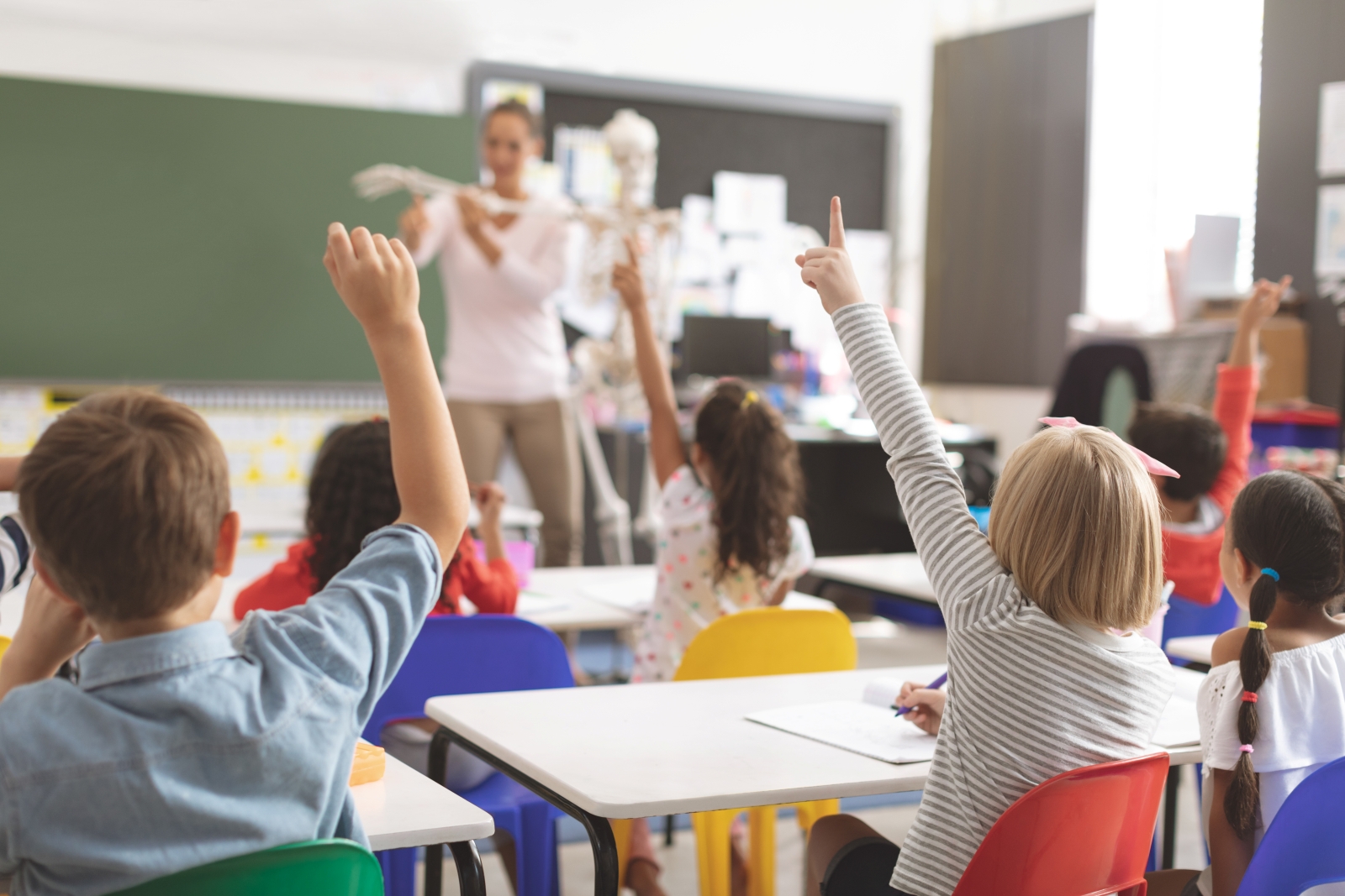 School children seated at desks raising hands in a brightly lit classroom
