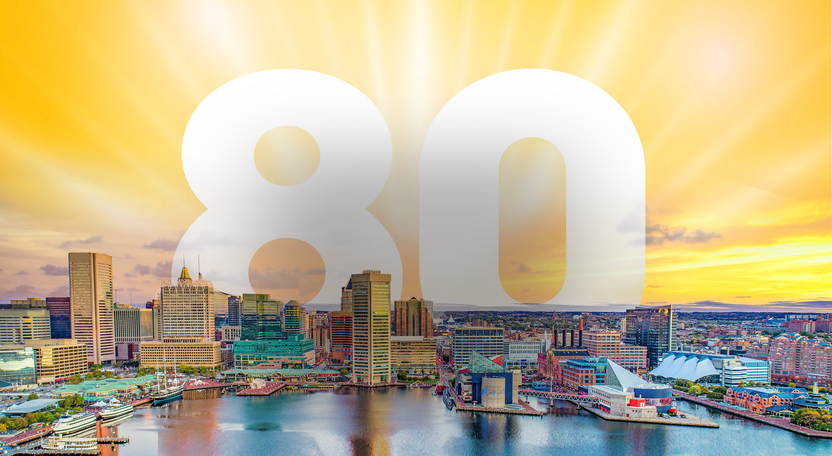 Baltimore skyline with a yellow sky and the number 80 superimposed